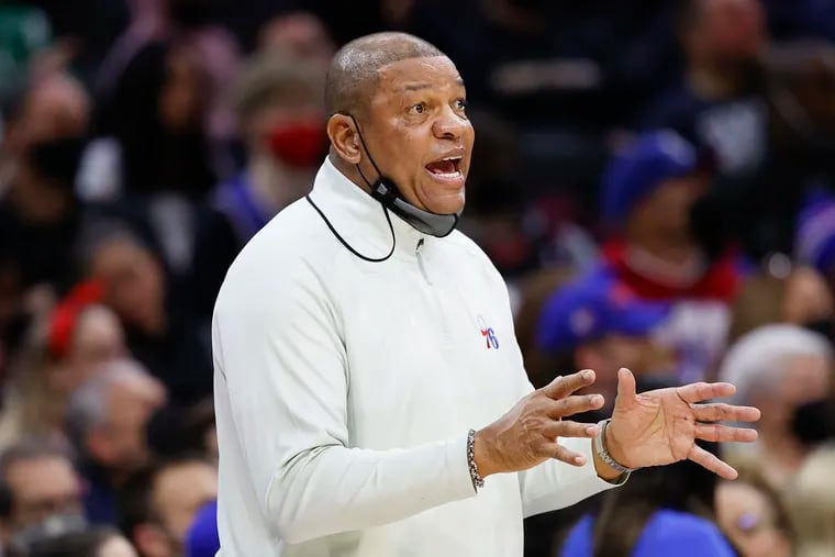 Sixers head coach Doc Rivers calling out to his team against the Boston Celtics on Friday.