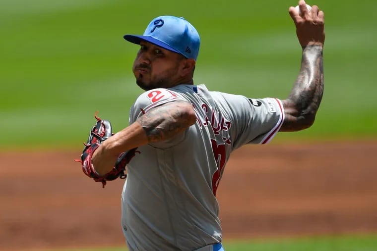 Philadelphia Phillies' Vince Velasquez pitches against the Atlanta Braves during the first inning of a baseball game Sunday, June 16, 2019, in Atlanta. (AP Photo/John Amis)