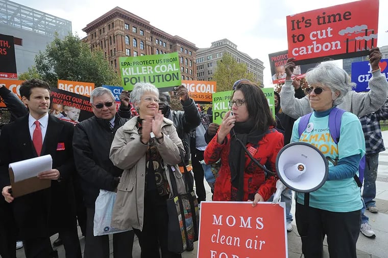 Environmental activists gathered at Independence Hall during EPA &quot;listening session&quot; on proposed carbon emissions rules. Gretchen Dahlkemper-Alfonso of Moms Clean Air Force speaks. APRIL SAUL / Staff Photographer