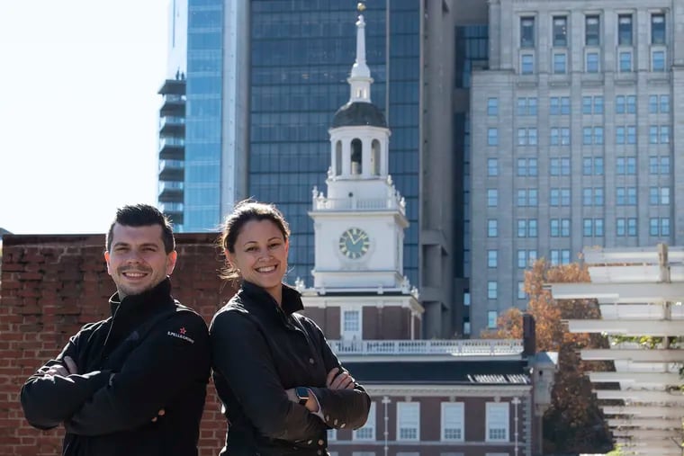 Edmund Konrad and Natalie Maronski, local chefs competing on the Bravo series "Top Chef," on Independence Mall.