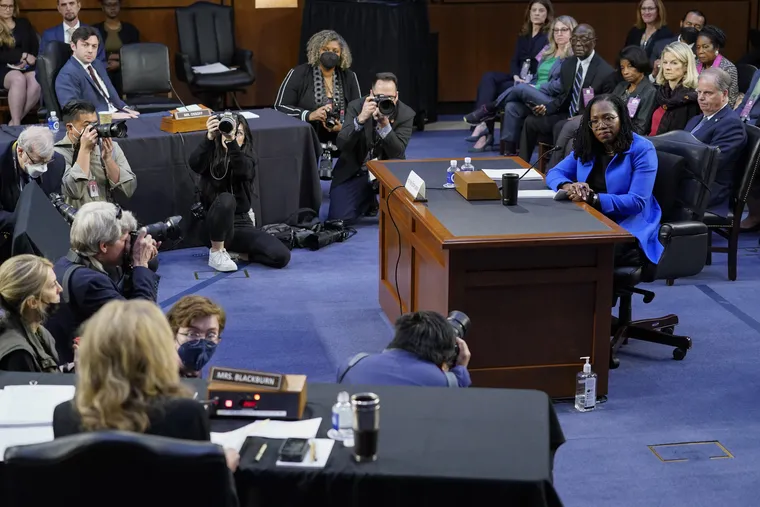 Supreme Court nominee Judge Ketanji Brown Jackson listens as she is asked a question from Sen. Marsha Blackburn, R-Tenn., front left, during her testimony before the Senate Judiciary Committee on Capitol Hill in Washington, Wednesday, March 23, 2022, during her confirmation hearing.
