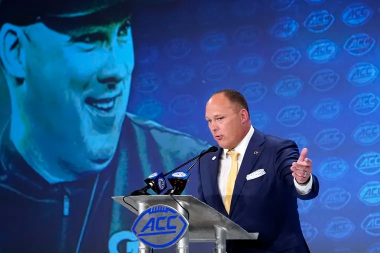 Georgia Tech head coach Geoff Collins speaks during the Atlantic Coast Conference's college football media days in Charlotte, N.C.