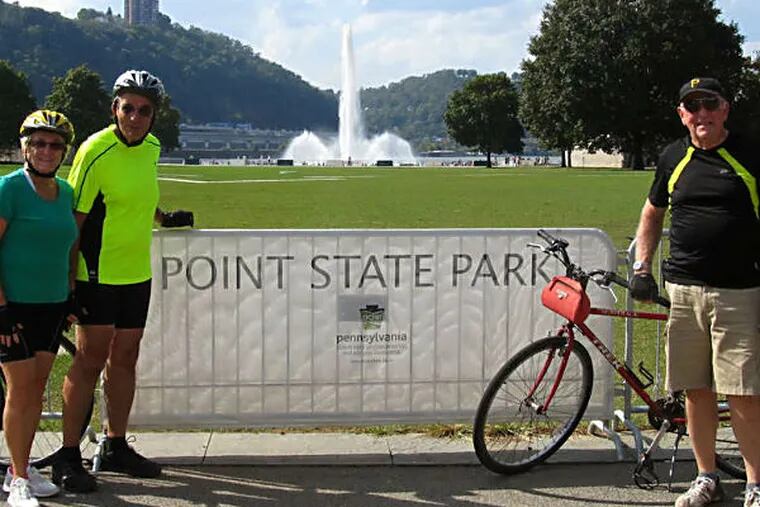 At the start of their nine-day, 335-mile trek from Pittsburgh to Washington are cyclists Dick and Carol Pontzer and Art Schwabenbauer (right), all of Downingtown.