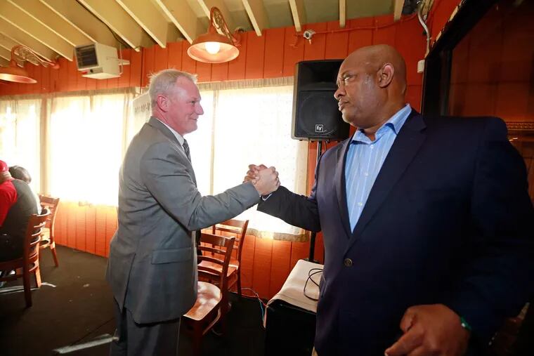 Judge Kevin Dougherty (left) with state Rep. Dwight Evans on Tuesday at Relish on Ogontz Avenue.