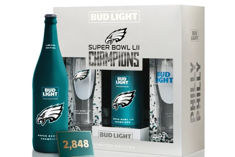 A commemorative pack that Bud Light is producing to mark the Eagles' Super Bowl win. Each pack contains a 25-ounce beer bottle and two glasses.