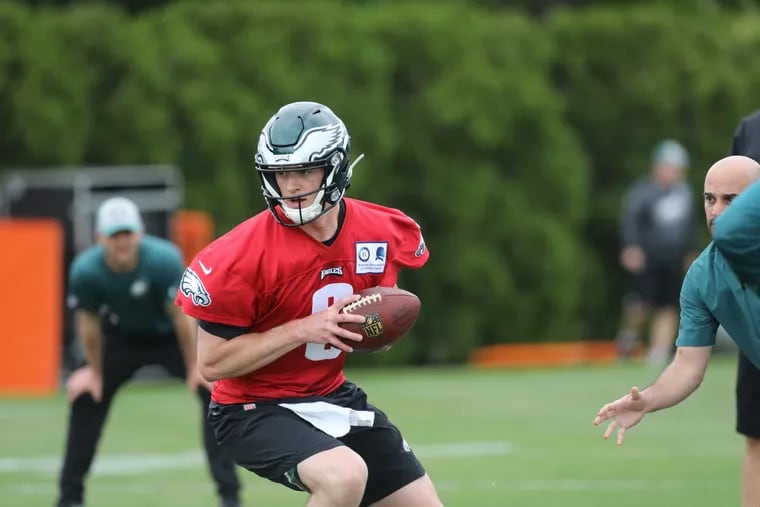 Clayton Thorson at rookie camp at the NovaCare Complex Friday May 10, 2019