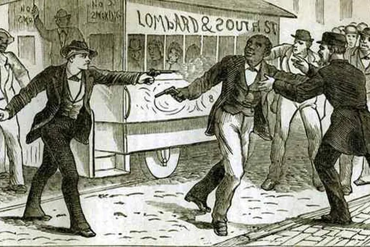 This depiction of the 1871 election riot - from &quot;The Trial of Frank Kelly,&quot; by Henry H. Griffin (1877) - erred by showing a pistol in Octavius Catto's hand. Catto was shot to death in front of a passing horse-drawn streetcar filled with passengers black and white.