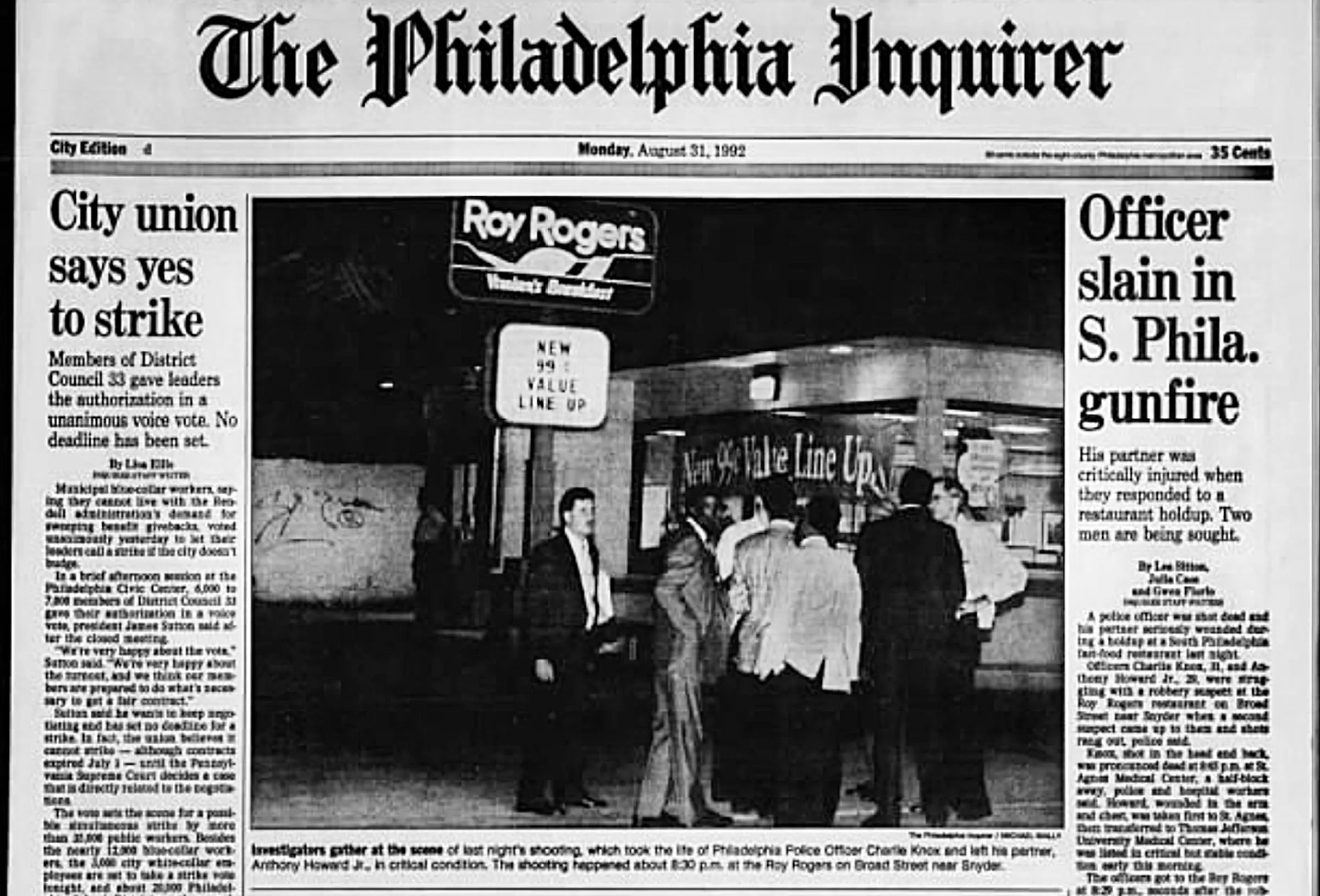 Philadelphia police investigators are seen in a 1992 file photo after the fatal shooting of Officer Charles Knox. Allen and Tucker Ginn were convicted of murder, but said the confessions were fabricated. THE CASE THAT COLLAPSED