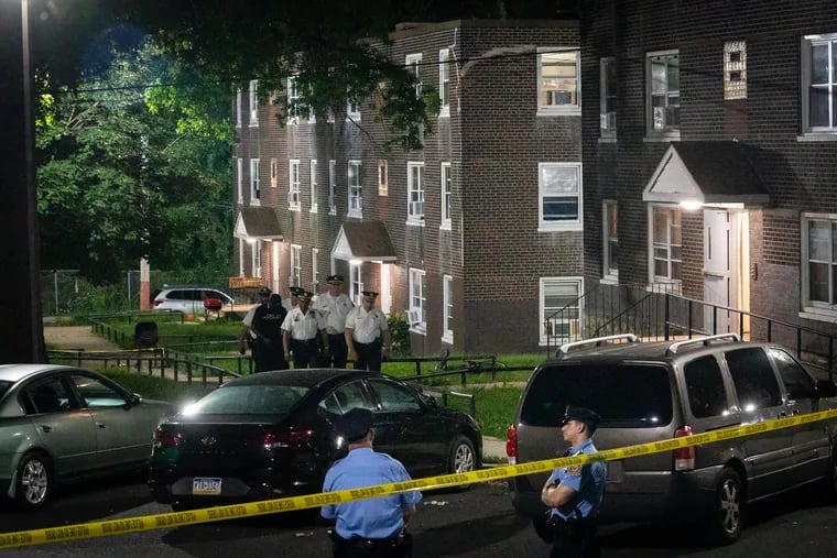 Police at the scene of a quintuple shooting on the 2700 block of Ruby Terrace, in Philadelphia, July 16, 2021.
