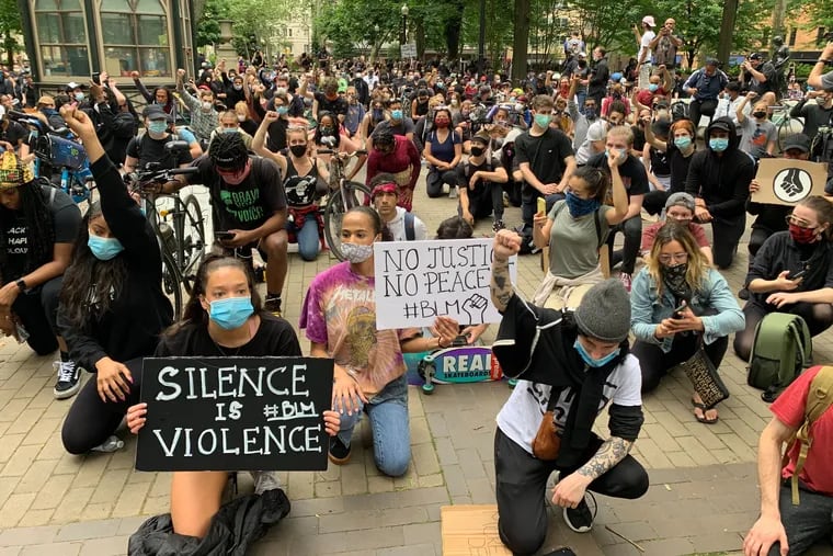 Protesters at Rittenhouse Square in Philadelphia on Tuesday, June 2, 2020.