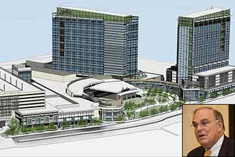 Gov. Rendell (inset) on Monday expressed disappointment that the city's two casinos, SugarHouse (in rendering), and Foxwoods, had not opened. (File photos)