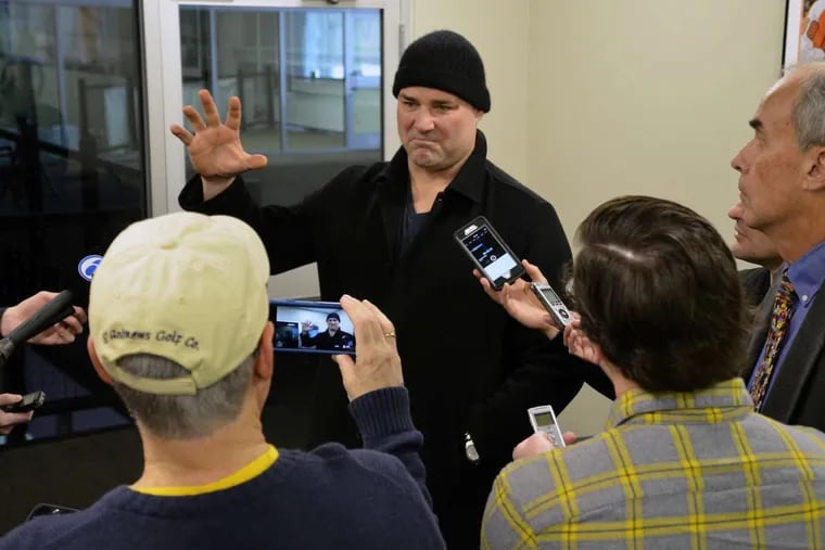 Eric Lindros meets with reporters on Wednesday.