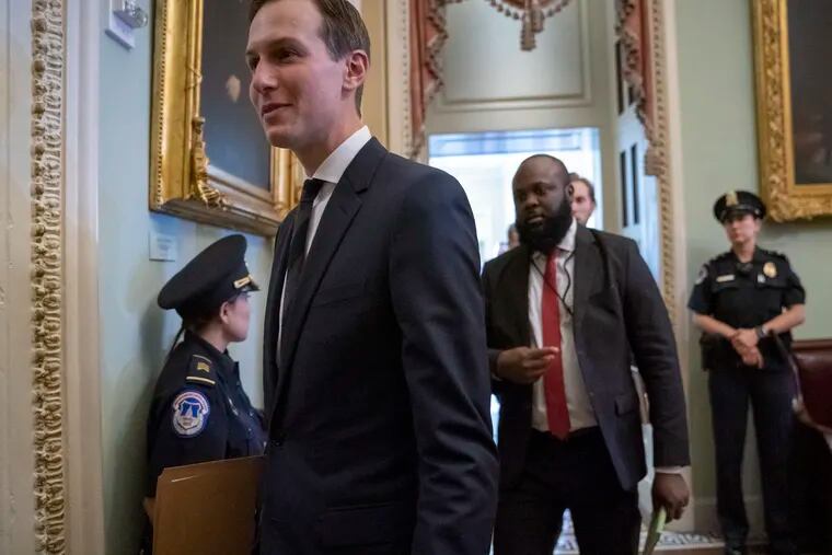 President Donald Trump's senior adviser, and son-in-law, Jared Kushner, departs the Capitol after a meeting with Senate Republicans, in Washington, Tuesday, May 14, 2019. (AP Photo/J. Scott Applewhite)
