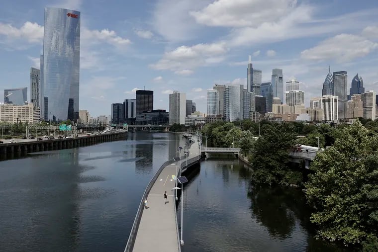 A view from the South Street Bridge looking north toward the Philadelphia skyline and the Schuylkill River Trail. A scream for help along the trail went unanswered by runners, walkers, and cyclists.