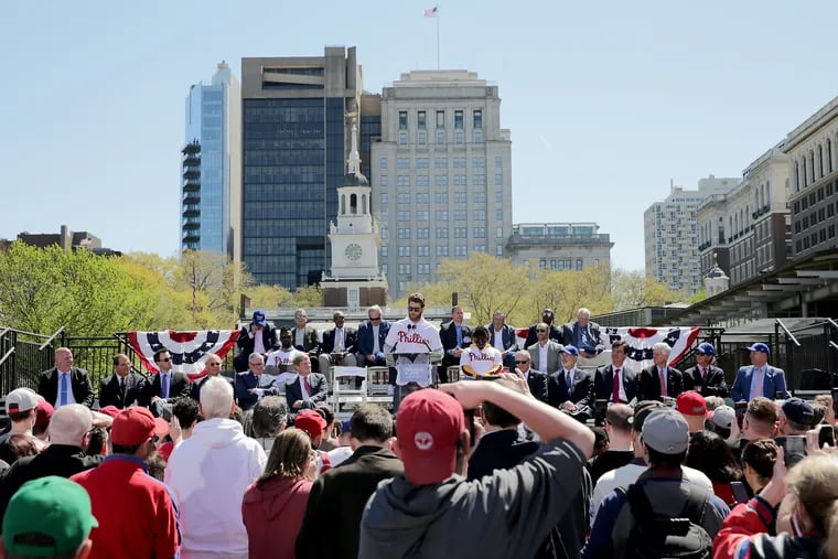 Bryce Harper spoke outside of Independence Hall as part of the Phillies' announcement that they're hosting the 2026 MLB All-Star Game.