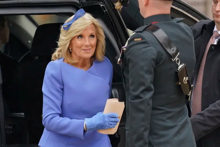 First lady Jill Biden arrives at Westminster Abbey prior to the coronation of Britain's King Charles III in London on Saturday.