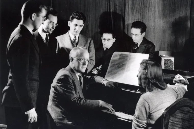 Leonard Bernstein (third from left, standing) as a student at Philadelphia’s Curtis Institute  in a group shot with his composition teacher, Randall Thompson.