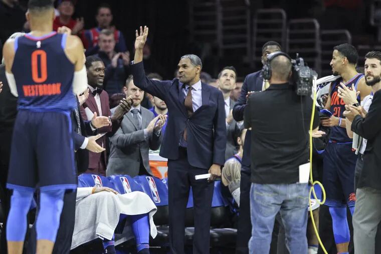 Maurice Cheeks greets Sixers fans before a game in 2017. He was and remains an assistant with Oklahome City.