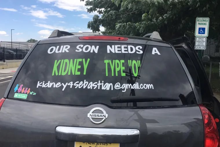 Beatriz Foster of Camden County drives around with a sign that says, "Our Son Needs A Kidney, Type "O."