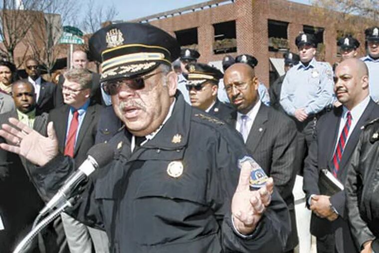Police Commissioner Charles H. Ramsey speaks in Headhouse Square at a news conference attended by Mayor Nutter and other officials to denounce the recent spate of violent teen gatherings. (ALEJANDRO A. ALVAREZ / Staff Photographer)