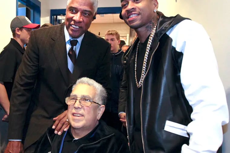 Jeff Millman, Sixers longtime equipment man, with Allen Iverson and Julius Erving.