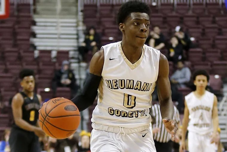 Neumann-Goretti’s Christian Ings in last season’s state championship. This year, Ings leads the Saints, replacing star point guard Quade Green.