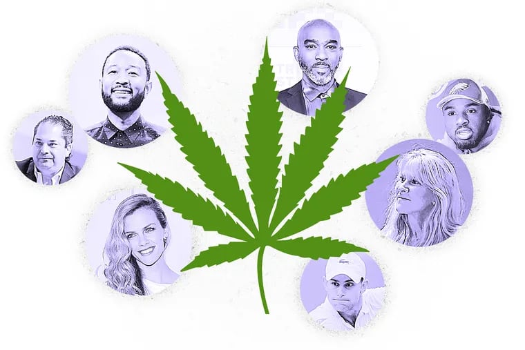 Initial investors in Kind Financial, a tech-based marijuana services start-up: (clockwise from left) Wayne Kimmel; John Legend; Mike Jackson; Brian Westbrook; Lindy Snider; Andy Roddick; Brooklyn Decker. According to investor lists, they were among the dozens of people attracted to Kind.