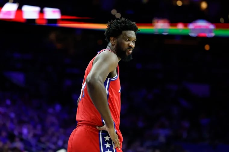 Sixers center Joel Embiid during a break against the New York Knicks on Jan. 5.