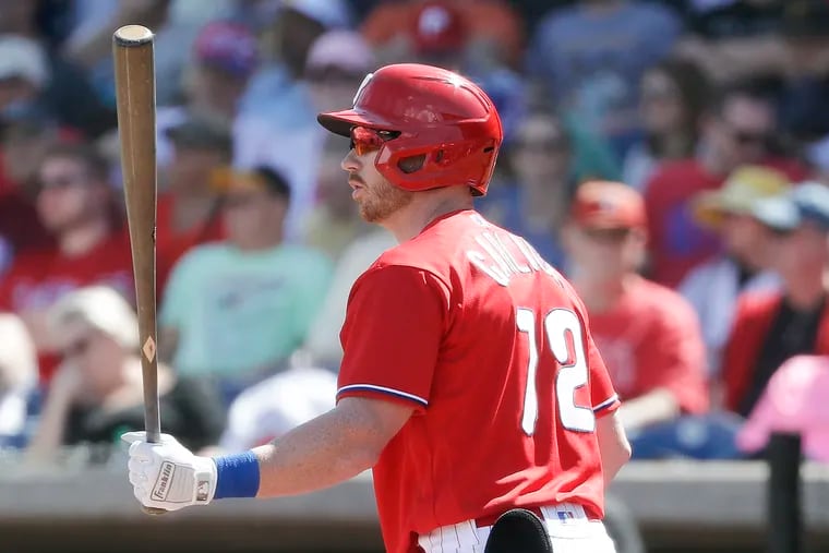 Phillies hopeful Kyle Garlick batting against the Pittsburgh Pirates in a spring training game at Spectrum Field in Clearwater, Fla., on Feb. 23.