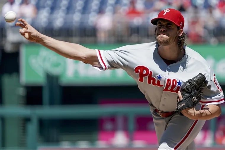 Philadelphia Phillies starting pitcher Aaron Nola throws during the first inning of a baseball game against the Washington Nationals at Nationals Park, Thursday.