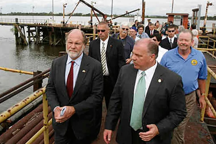 N.J. State Sen. Stephen Sweeney (right) with Gov. Corzine at the groundbreaking for the Paulsboro Marine Terminal last month. &quot;I'm not afraid of a fight,&quot; Sweeney says. Some critics call it bullying. (Charles Fox / Staff)