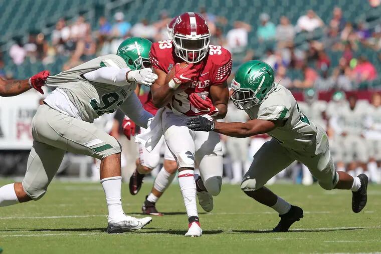 Temple running back Kyle Dobbins (33) runs the ball against Wagner at Lincoln Financial Field in South Philadelphia on Saturday, Sept. 25, 2021. Temple won, 41-7.