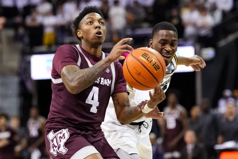 Texas A&M guard and leading scorer Wade Taylor IV goes up for a shot against Arkansas in late January. The Aggies finished second in the SEC regular season standings but are fourth in odds to win the conference tournament this week in Nashville. (Photo by Jay Biggerstaff/Getty Images)