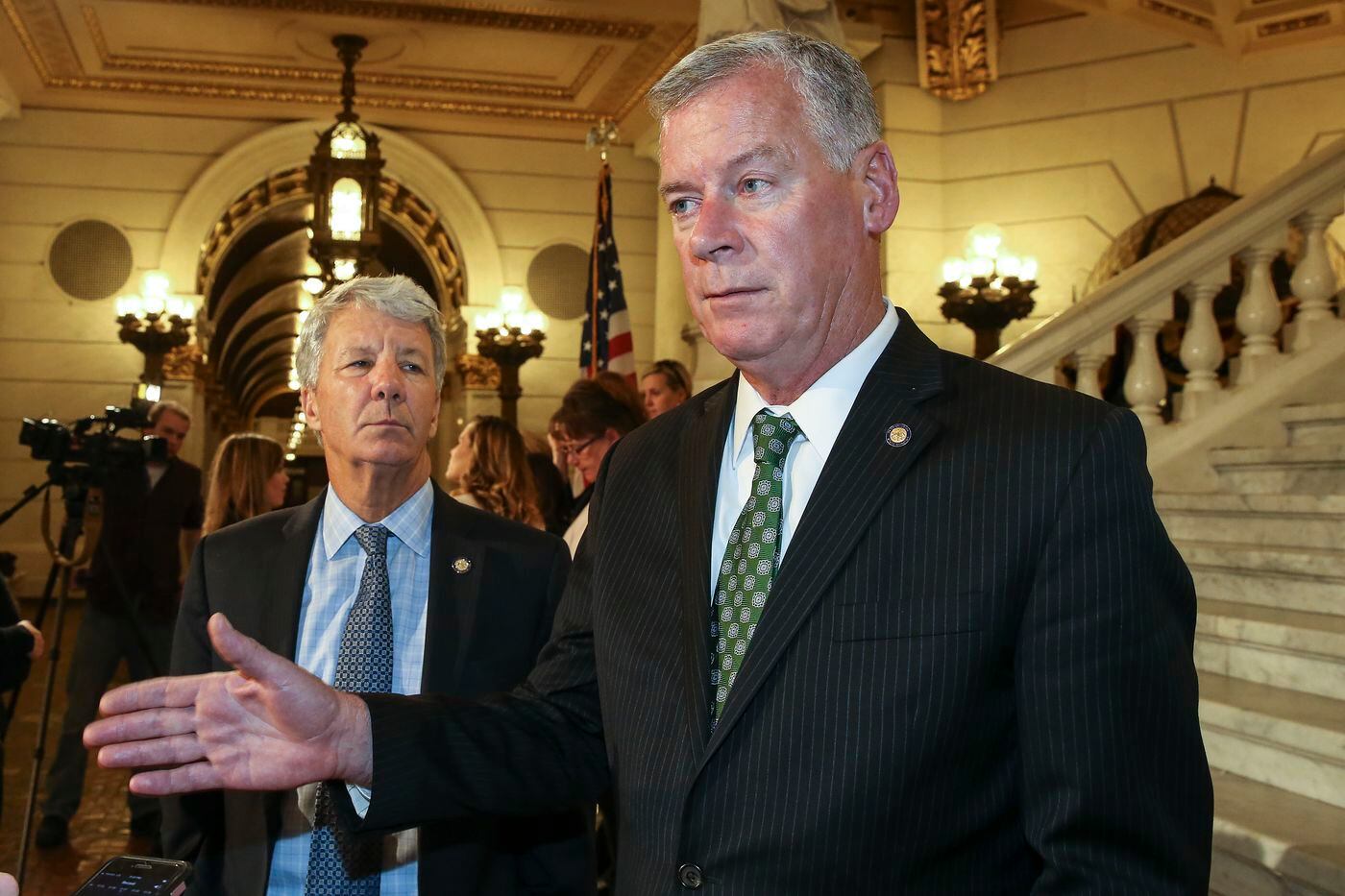 Republican State Sen. Tom Killion (left) and Tom McGarrigle, both of Delaware County, said they were frustrated that they were not given the opportunity to vote on a bill to let child sex-abuse victims sue the Catholic Church. McGarrigle is up for reelection next month.