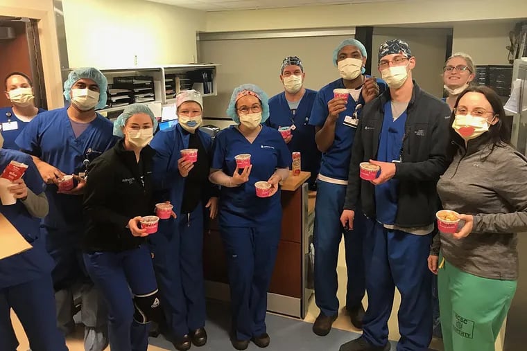 Staff at Thomas Jefferson University Hospital with ice cream sent from Scoop De Ville, by way of Fuel the Fight.