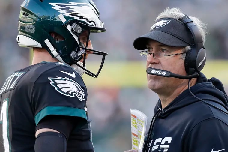 Eagles coach Doug Pederson (right) and quarterback Carson Wentz have a daunting task to make the playoffs.