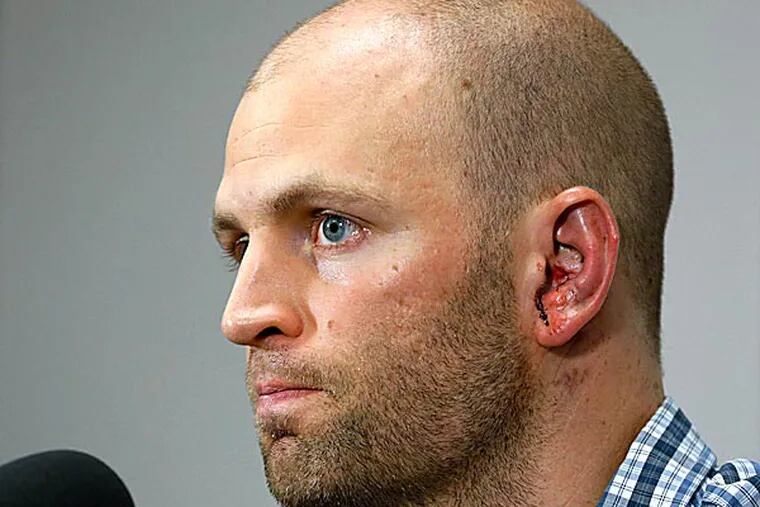“I feel really fortunate,” J.A. Happ said after his release from Bayfront Medical Center in St. Petersburg, Fla. (Mike Carlson/AP)
