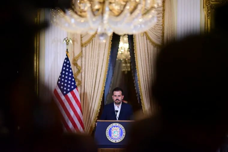 Puerto Rico governor Ricardo Rosselló holds a press conference, almost two days after federal authorities arrested the island's former secretary of education and five other people on charges of steering federal money to unqualified, politically connected contractors, in San Juan, Puerto Rico, Thursday, July 11, 2019. At the time of the arrests, Rosselló was in the middle of a family vacation in France, which he canceled to travel back to the Island. U.S. Attorney for Puerto Rico Rosa Emilia Rodríguez said Gov. Ricardo Rosselló was not involved in the investigation.