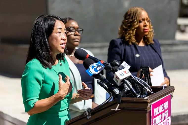 City Councilmember Helen Gyms stands with her colleagues, Councilmember Kendra Brooks (center) and Councilmember Jamie Gauthier (right), to unveil a package of legislation they say will improve privacy protections for abortion care in Philadelphia.