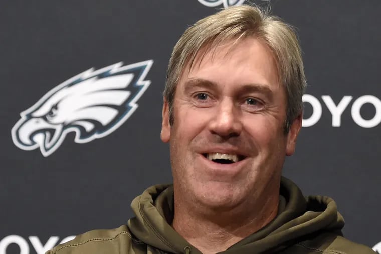 Eagles coach Doug Pederson was in a good mood while meeting with the media Monday, Sept. 12, 2016, the day after his first win at the helm of the team.