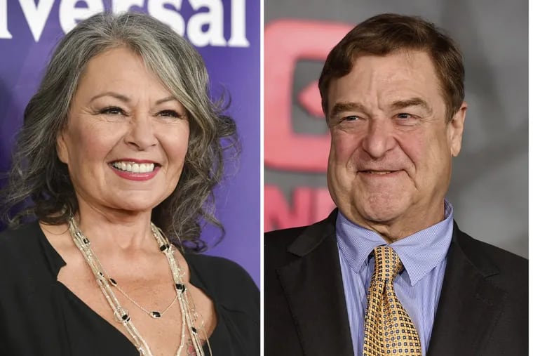 FILE – In this combination photo, Roseanne Barr, left, appears at the NBC Universal Summer Press Day on April 8, 2014, in Pasadena, Calif., and John Goodman appears at the Los Angeles premiere of &quot;Kong: Skull Island&quot; on March 8, 2017.
