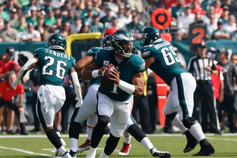 Eagles quarterback Jalen Hurts runs with the football against the Kansas City Chiefs on Sunday, October 3, 2021 in Philadelphia.