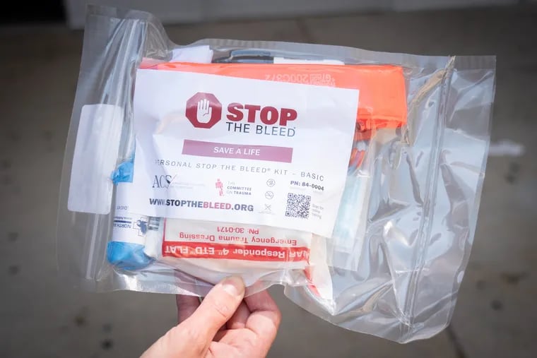 One of the “Stop the Bleed” kits from the "gun violence prevention and de-escalation training" day camp, run by Phi Beta Sigma Fraternity and the Philadelphia police, at Benjamin Franklin High School in 2022.