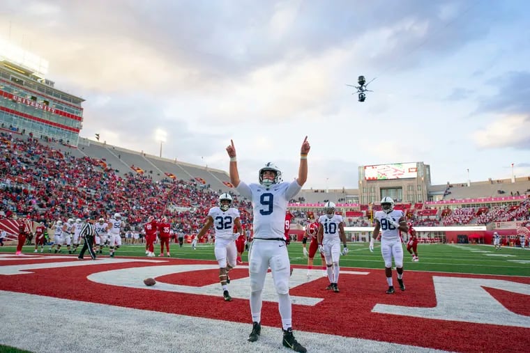 Penn State quarterback Trace McSorley (9) reacts in the end zone after scoring during the second half of an NCAA college football game against Indiana Saturday, Oct. 20, 2018, in Bloomington, Ind. Penn State won 33-28.