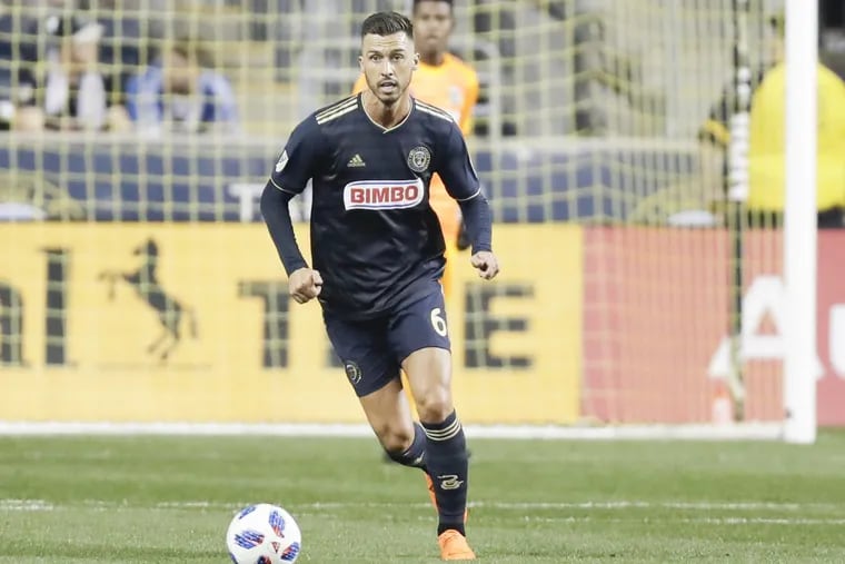 Union midfielder Haris Medunjanin runs with the soccer ball against Orlando City on Friday, April 13, 2018 in Chester, Pa.