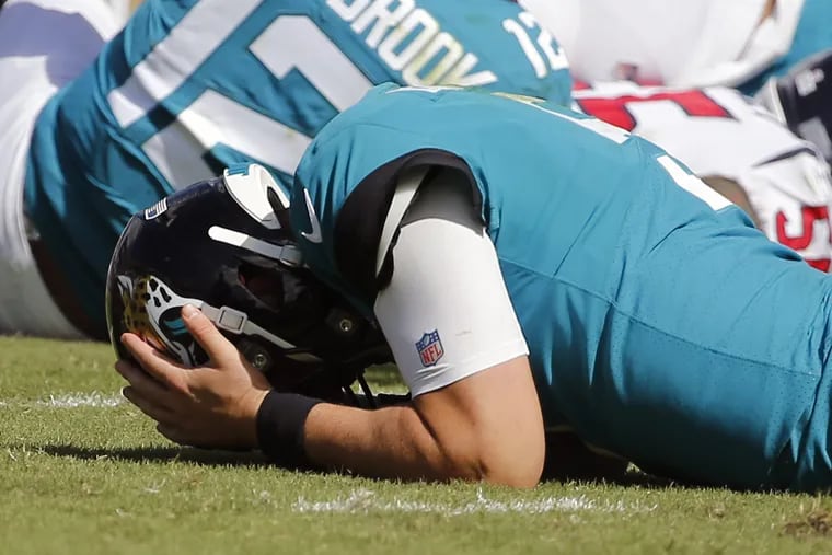 Jacksonville Jaguars quarterback Blake Bortles reacts after losing a fumble to the Houston Texans during the third quarter on Sunday. He was benched after the turnover, but will start Sunday against the Eagles.