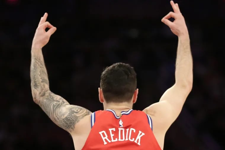 Philadelphia 76ers shooting guard JJ Redick reacts after hitting a three-point basket during the second half of the Sixers’ win over the New York Knicks.