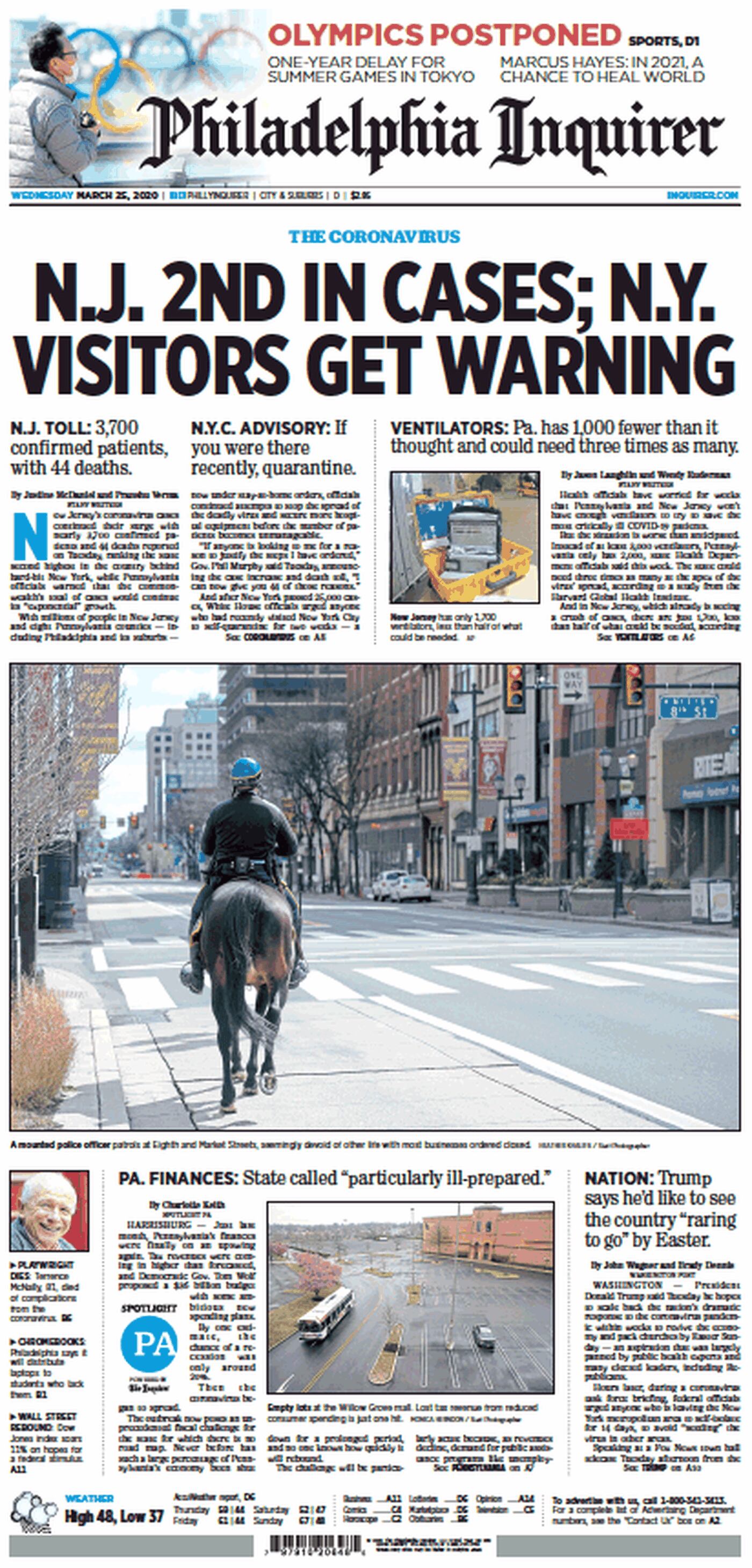 The front page of the Philadelphia Inquirer for Wednesday, March 25, 2020.