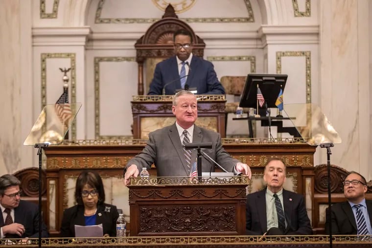 Philadelphia Mayor Jim Kenney, center, with City Council President Darrell L. Clarke standing behind him and several council members seated next to him, begins his third budget address to City Council on Thursday March 1, 2018. MICHAEL BRYANT / Staff Photographer