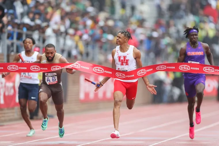 Houston finishes in first in the College Men's 4x100 Championship of America on the third and final day of the 2023 Penn Relays at Franklin Field in Philadelphia on Saturday, April 29, 2023.